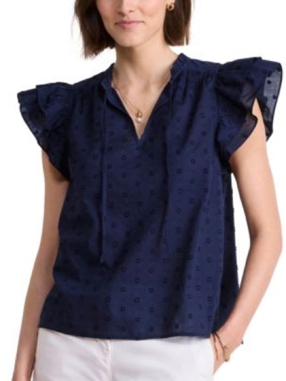 Vineyard Vines Eyelet Flutter Sleeve Top Navy Blue Cotton XL